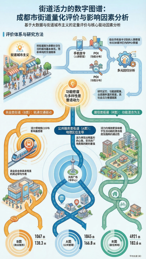 和我在成都的街头走一走：成都街道活力研究
         提到成都想到什么？新一线城市？火锅串串？开放包容？街道是城市的 “毛细血管”，藏着城市最真实的活力与温度！为何有的街道熙熙攘攘，有的却冷冷清清？以成都为样本的街道活力量化研究，首次用硬核数据揭开 A/B/R 类街道的活力影响密码，颠覆你对城市街道的固有认知！